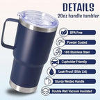 20 oz Tumbler with Handle and Lid Insulated Travel Coffee Mug Navy 12P - Image 3
