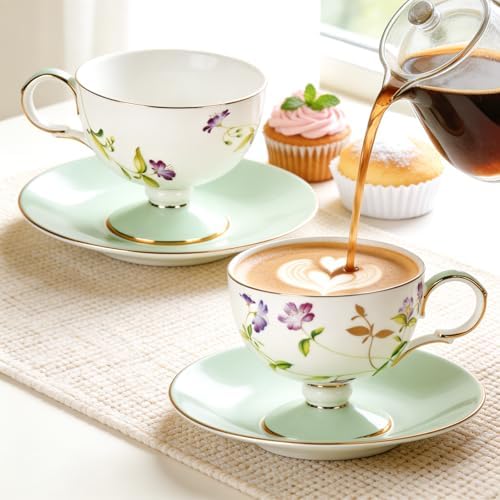 KAMMAK Tea Cups Set of 2,Ceramic Floral Pattern Demitasse Cup - Image 7