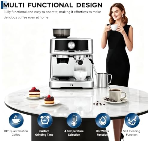 20 Bar Espresso Coffee Machine with Built-in Bean Grinder, Pressure Gauge - Image 2