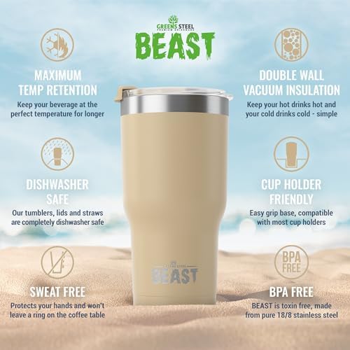 Beast 30 oz Tumbler Stainless Steel Vacuum Insulated Coffee Ice Cup Double Wall Travel Flask (Sand) - Image 6