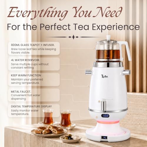 Electric Samovar Tea Maker 4L with Glass Teapot, Stainless Steel Hot Water Urn, Fast Boil 120V 1200W, Auto Shut-Off & Keep Warm, Turkish Russian Tea Maker for Home & Office-White - Image 2