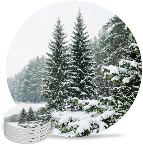 Natural Landscape Coasters for Drinks, Set of 86 Winter Snow-Covered Pine Trees Green Absorbent Ceramic Coaster with Cork Base Decor for Wooden Table & Bar, Housewarming Gift Home Decor by TSRSUNFLOWER