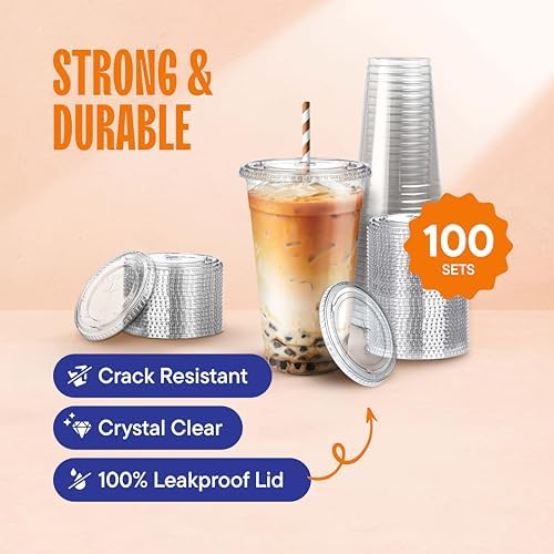 Stack Man [100 Sets - 24 oz.] Clear Plastic Cups with Straw Slot Lid, PET Crystal Clear Disposable 24oz Plastic Cups with lids - Image 2