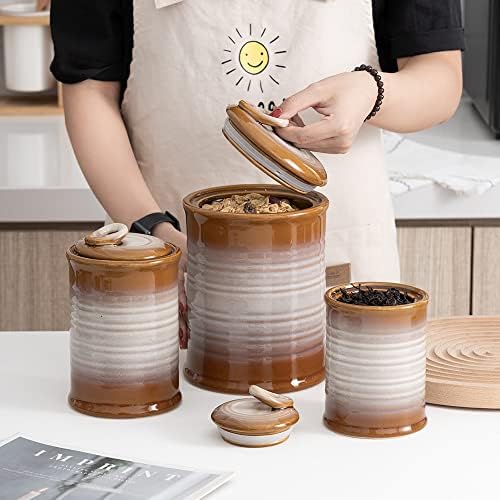 Nihow Food Storage Jar,Ceramic Canister Sets for The Kitchen,Set of 3,Brown - Image 4