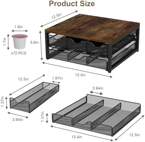 Coffee Pod Holder For Counter, 3 Pull-Out 72 K-Cup Holder Drawer, Wooden Cafe Pods Storage Organizer with Sliding Drawers for Coffee Station, Home, Kitchen, Office, Dorm (Antique Finish) - Image 3