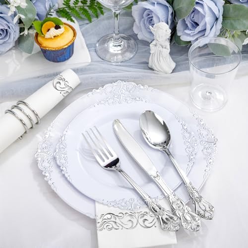 YOUBET 700PCS White and Silver Plastic Dinnerware Set for Wedding Party - Image 3