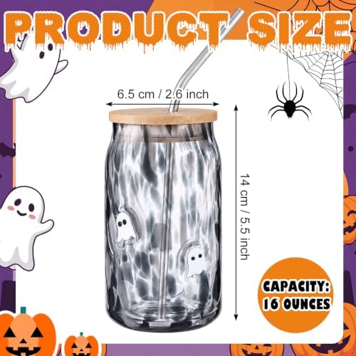 Vesici 4 PCS Halloween Icon Glass Cups, Ghost Pumpkin Cat Witch Hat 16oz - Image 2