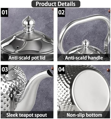 Teapot Tea Kettle, 2.1 Quart Tea Pot for Stove Top, Stainless Steel Teakettle with Infuser, Decorative Water Kettle with Handle, Silver, 2L - Image 4