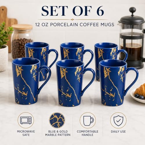 Blue and Gold Coffee Mugs Set of 6, 12 oz Porcelain - Image 2
