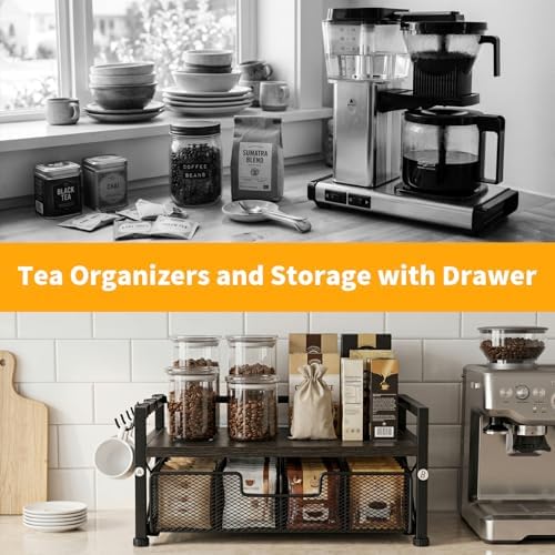 Tea Bag Organizer,Coffee Bar Organizer,Teabag Holder & Coffee Station with Storage Drawer,Wood Tea Station Chest Display Container Box for Countertop Kitchen (Grey) - Image 3