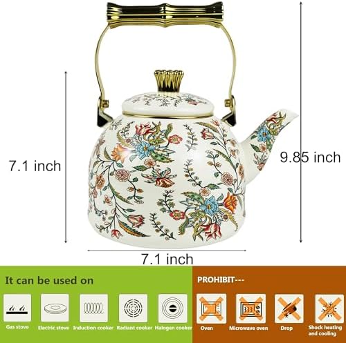 Vintage Enamel Tea Kettle Boho Floral Stovetop Teapot 2.5L Colorful Bohemian Enamel Kettle Kitchen Decor Hot Water Coffee Pot with Gold Handle - Image 2