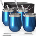 CHILLOUT LIFE 12 oz Stainless Steel Wine Tumblers 4 Pack - Double Wall Vacuum Insulated Wine Glasses Cups with Lids and Straws Set Keeping Cold & Hot for Coffee, Beer, Ice Cream - Blue Sparkle by CHILLOUTLIFE