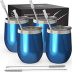 CHILLOUT LIFE 12 oz Stainless Steel Wine Tumblers 4 Pack - Double Wall Vacuum Insulated Wine Glasses Cups with Lids and Straws Set Keeping Cold & Hot for Coffee, Beer, Ice Cream - Blue Sparkle by CHILLOUTLIFE