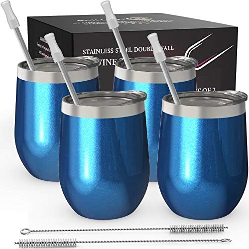 CHILLOUT LIFE 12 oz Stainless Steel Wine Tumblers 4 Pack - Double Wall Vacuum Insulated Wine Glasses Cups with Lids and Straws Set Keeping Cold & Hot for Coffee, Beer, Ice Cream - Blue Sparkle by CHILLOUTLIFE