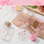 Mumufy 8 Sets Pink Bow Cute Glass Cups Bulk with Lids Straws, 16 Oz - Image 5