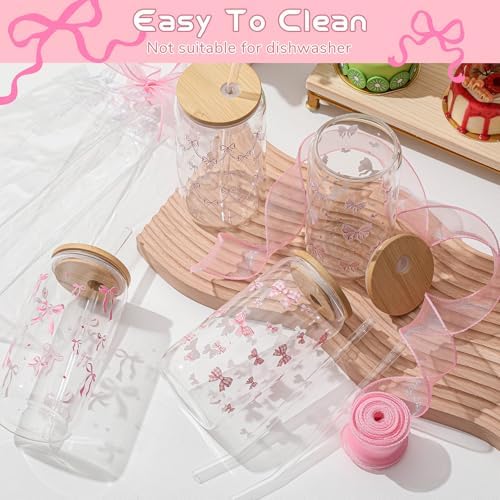 Mumufy 8 Sets Pink Bow Cute Glass Cups Bulk with Lids Straws, 16 Oz - Image 5