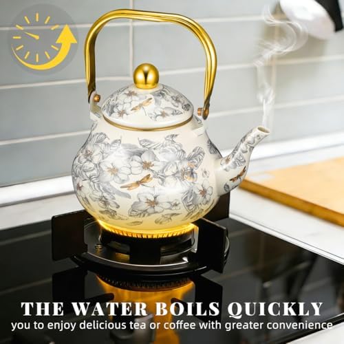 Cabilock 2.1 Quart Vintage Enamel Tea Kettle, Floral Stovetop Teapot with Porcelain Handle, Decorative Enamel Water Kettle for Tea, Coffee, Hot Water, Home Kitchen and Countertop Decor - Image 6
