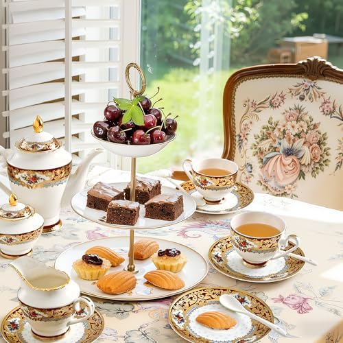 Luxury White & Gold Embossed Tea Cups and Saucers with Teapot, Sugar Bowl, & &Creamer, Vintage European Porcelain Coffee Set for Tea Party, Wedding, Gift (Red&Gold, 17pcs/set) by Unknown
