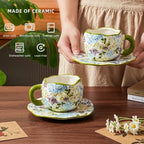 Ceramic Cup with Saucer，floral tea cup for Coffee,Cappuccino and Tea (2, Green) - Image 3