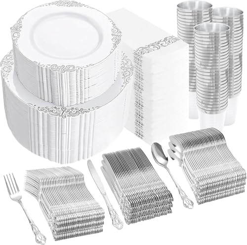 YOUBET 700PCS White and Silver Plastic Dinnerware Set for Wedding Party by YOUBET