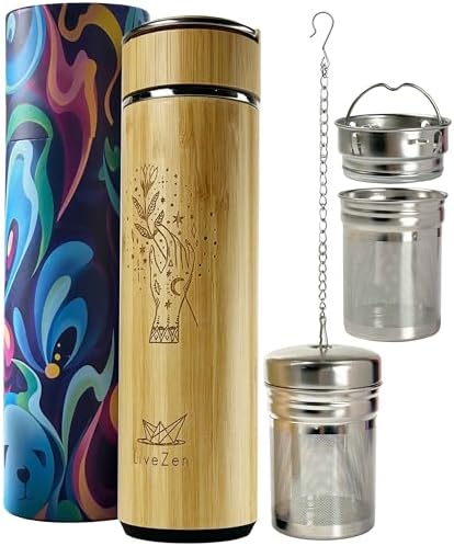 18oz Insulated Bamboo Tea Infuser Bottle for Loose Leaf Tea - Extra Fine Mesh Tea Steeper Basket Infuser with Chain Hook for Teapot Mug Cup by ameiin