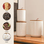 JOJUNO White Embossed Ceramic Canister 3 Piece with Airtight Bamboo Lid - Image 3