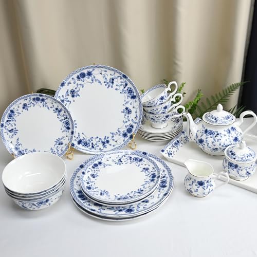 Fine Bone China Dinnerware Set, 12-Piece Blue and White Porcelain Dinnerware Set, Plates and Bowls Sets, Service for 4(Blue A) - Image 4