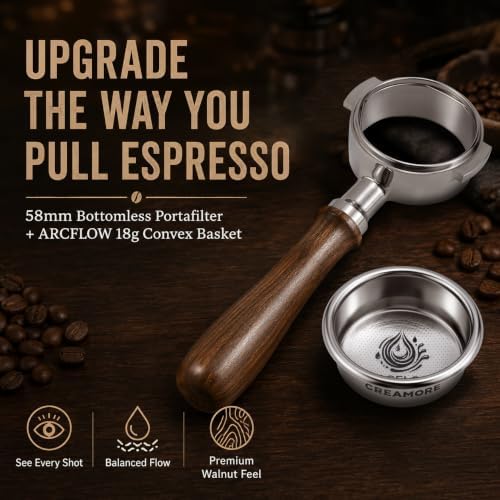 58mm Bottomless Portafilter with ARCFLOW 18g Convex Basket & Solid Walnut Handle, 304 Stainless Steel Naked Espresso Portafilter for E61 Group Head, La Marzocco & More - Image 2