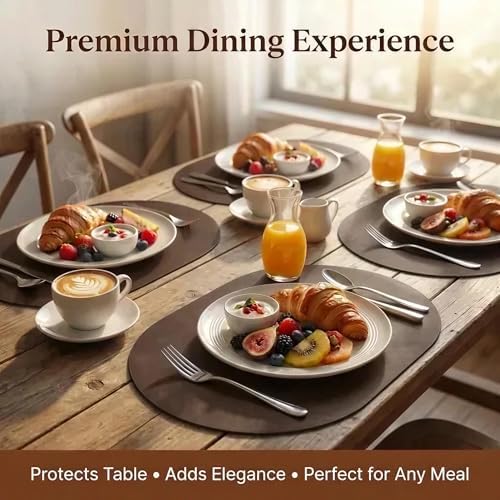 Premium Oval Faux Leather Placemat & Coaster Set with Innovative Cork-Look Printed Base，4/6/8-Piece Sets & 8 Colors，Non-Slip Dining Table Mats for Kitchen Dining - Image 5