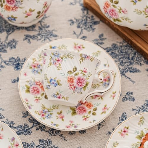 Agyiuns tea cups and saucers ceramic coffee mug 6oz set of 4 for Latte, Cafe Mocha, white with flowers - Image 7