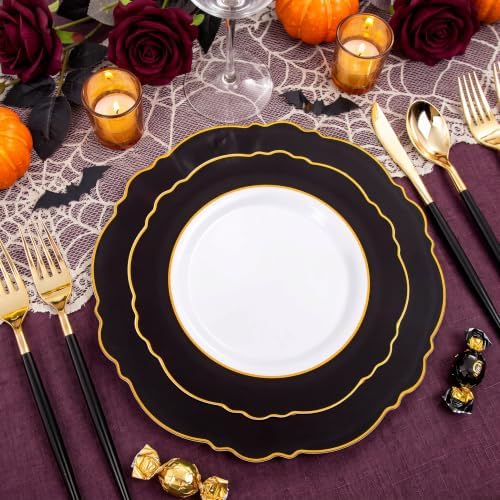 WDF 30Guest Black and Gold Plastic Plates - Gold Plastic Silverware With Black Handle Baroque Black and Gold Disposable Dinnerware for Wedding/Party/Birthday/Halloween - Image 4