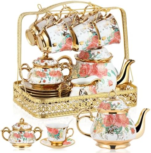 22 Pcs Vintage Porcelain Tea Sets for 6, White Rose Floral by Suttmin