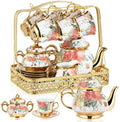 22 Pcs Vintage Porcelain Tea Sets for 6, White Rose Floral by Suttmin