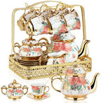 22 Pcs Vintage Porcelain Tea Sets for 6, White Rose Floral by Suttmin