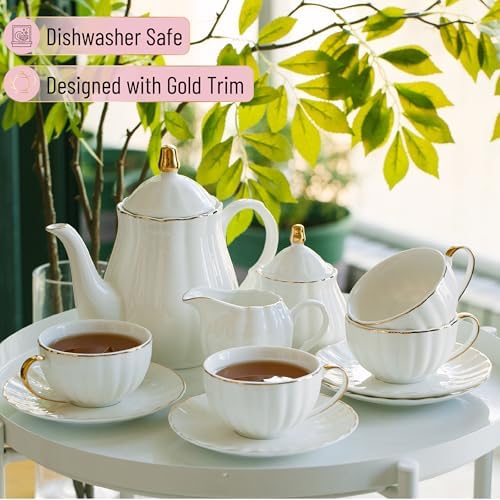 BTaT- Classic tea set, 13 pcs, Tea Cups (7oz), Tea Pot with Stainless Steel Infuser (32oz), Creamer and Sugar Set, Porcelain Tea Set, White Tea Set, Tea Pot Sets with Cups - Image 4