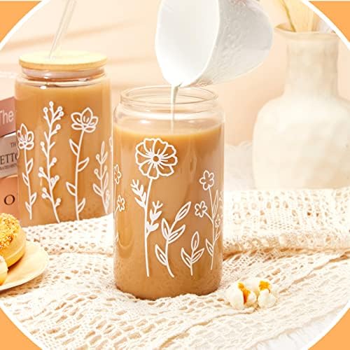 Mumufy 18 Pack Boho Floral Glass Cup, 16 oz Tumbler Mug with Bamboo Lid - Image 4