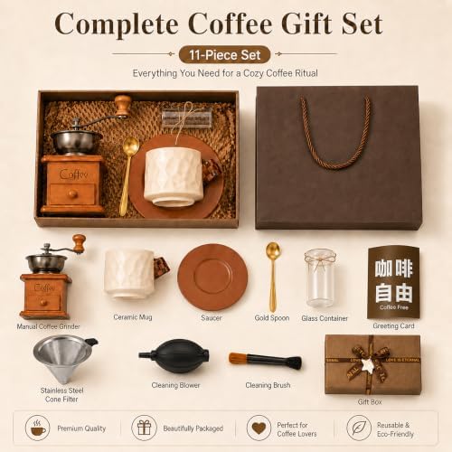 Manual Coffee Grinder Gift Set with Pour Over Filter, Mug, Brush & Gift Box - Image 2