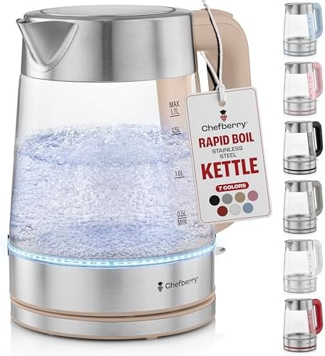 Electric Kettle for Boiling Hot Tea & Water | 1.7L Stainless Steel Borosilicate Glass Boiler With No Plastic, Automatic Shutoff, BPA Free, Fast Heating Technology (Cream) by Unknown