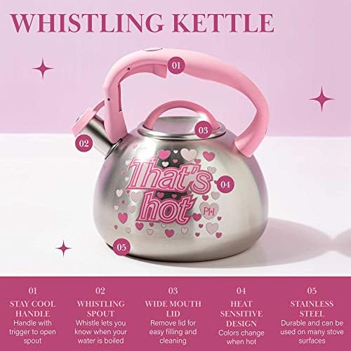 Paris Hilton Whistling Stovetop Tea Kettle, Stainless Steel with Color Changing "That's Hot" Heat Indicator Design, Soft Touch Handle, 2.5-Quart, Pink - Image 3