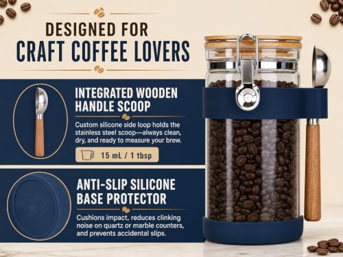 KKC Airtight Glass Coffee Canister 40 oz/1200 ml with Scoop, Holds 1 lb Whole Coffee Beans & Ground Coffee, Clear Storage Jar with Bamboo Lid & Silicone Base Protector for Coffee Bar, Blue - Image 7