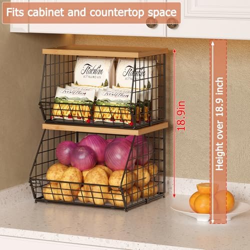 2 Set Stackable Wire Basket with Wooden Tops & Pad for kitchen organizers and storage, XXL Kitchen Counter Organizer for Fruit, Vegetable, Bread, Potato and Onion Storage Bin - Image 3
