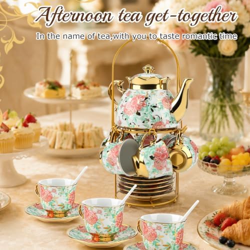 20 Piece Porcelain Tea Set with Metal Holder European Floral Pattern Tea Pot Tea Cup Tea Saucer Teaspoon for Women Adult Party Large Version - Image 6