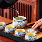 Blue and White Porcelain Tea Set, 8.5 oz Teapot with 4 Cups - Image 2
