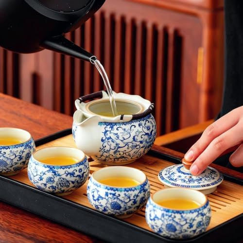 Blue and White Porcelain Tea Set, 8.5 oz Teapot with 4 Cups - Image 2