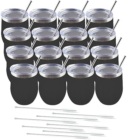 Amtidy 16 Pack Powder Coated Stainless Steel Tumbler with Lid,Equipped with straw and straw brush，12 oz Double Wall Vacuum Insulated Travel Tumbler Cup for Coffee, Wine, Cocktails by Unknown