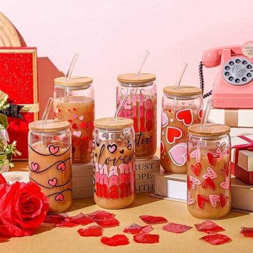 SiliFine 6 Pcs Valentine Heart Glass Cups, 16 oz with Lids and Straws - Image 2