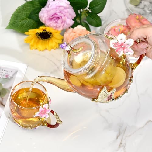 Lily Flower Enamel Glass Teapot - 46oz/1300ml, Floral Teapot With Removable Loose Tea Leaf Infuser - Image 2