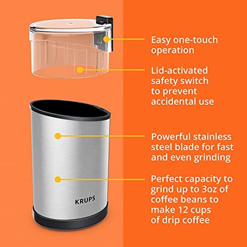 Krups Coffee Grinder, Fast-Touch, 3oz, 85g bean hopper - Easy to Use, One Touch Operation - 200 Watts - Espresso Grinder, Spice Grinder, 2 to 12 cup Coffee Bean Grinder, Silver - Image 5