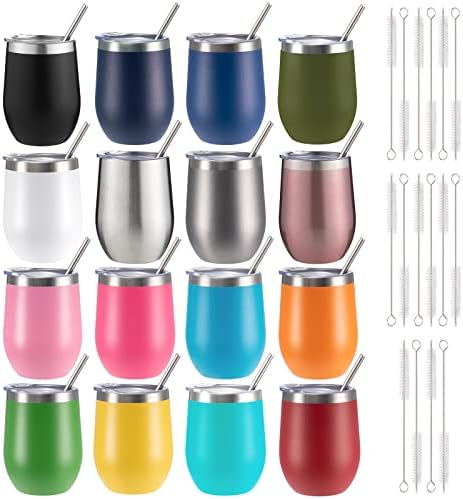 12 oz Insulated Wine Tumbler with Lid and Straw,Stainless Steel Stemless Wine Tumbler Glasses 16 Packs Double Wall Vacuum Wine Cups Tumbler Bulk for Champaign,Beer,Cocktail,Office,16 Colors by FristChoice