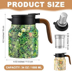 LemonRoad 2 Pcs 35 oz Vintage Floral Pattern Tea Pot with Infuser | Stainless Steel Insulated Tea Pot with Lid and Wooden Handle Thermal Carafe for Hot Drinks Coffee(Green, Pink) - Image 2